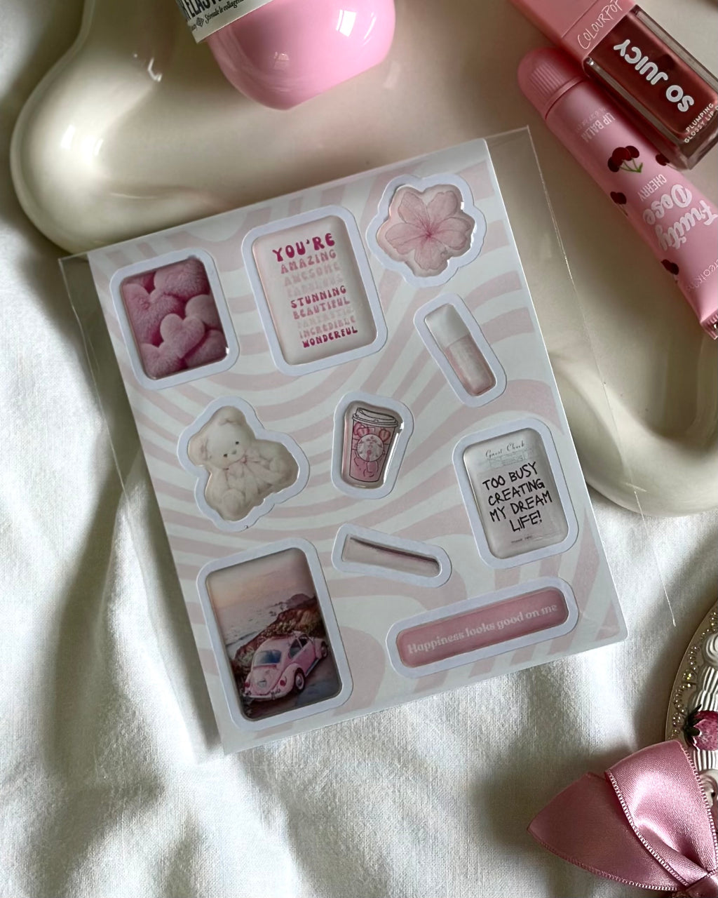 Pink Aesthetic Sticker Pack – Cute 3D Glossy Stickers for iPhone Case, iPad, MacBook & Journal – Trendy Gift for Girls